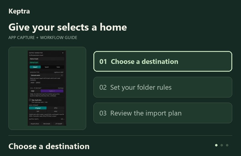 Give your selects a home: Choose a destination. Set your folder rules. Review the import plan. Existing destination-panel capture plus workflow labels; not a recording.