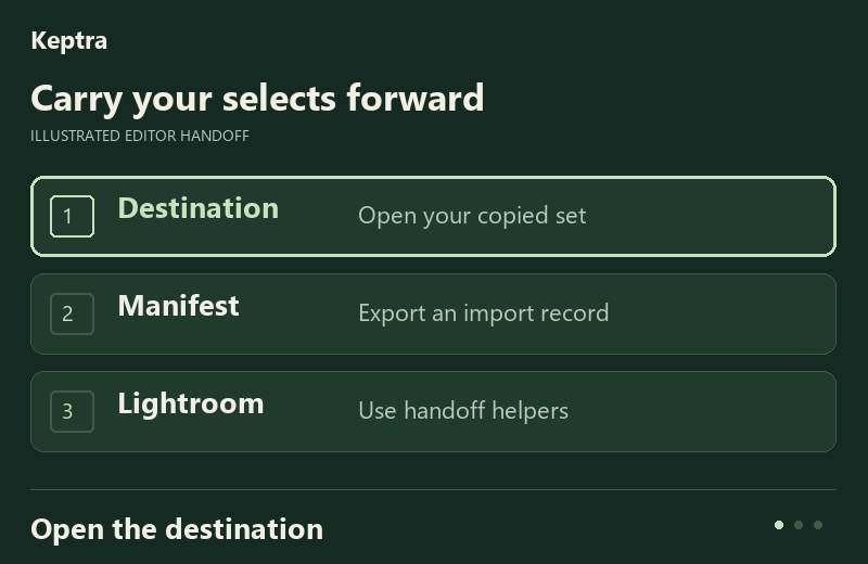 Carry your selects forward: Open the destination. Export an import manifest. Use Lightroom helpers. Original workflow illustration; not application footage.
