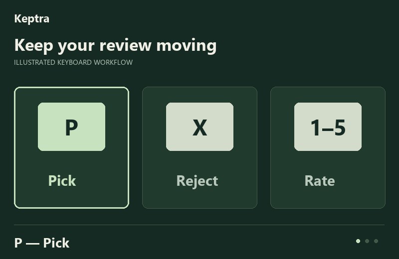 Keep your review moving: P — Pick. X — Reject. 1–5 — Rate. Original workflow illustration; not application footage.