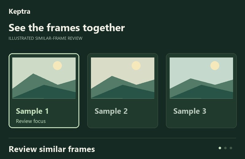 See the frames together: Review similar frames. Compare your options. Make your own picks. Original illustrated sample frames; not client photos or application footage.