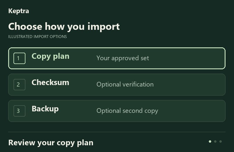 Choose how you import: Review your copy plan. Optional checksum check. Optional second backup. Original workflow illustration; no import or verification is performed.